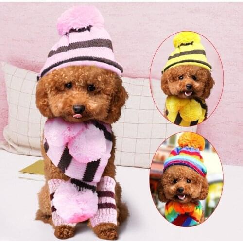 Winter Pet Puppy Accessories For Dogs Knitted Striped Hats Scarf Socks Little Small Big Animals Yorkshire Chihuahua Cat Products