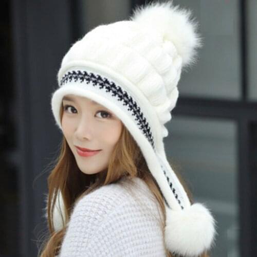 2020 Winter Hats For Women Knitted Wool Beanies Warm and Thickened Fashion Cap Solid Color With Black Stripped Big Poms Bucket