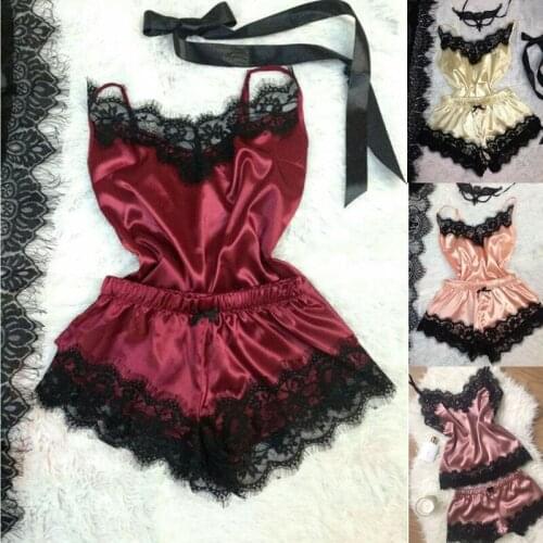 2Pcs/Set Womens Lace Pajama Set Sleeveless Crop Tops Elastic Bowknot Shorts Ladies Solid Color Sleepwear Summer Pajama Fashion