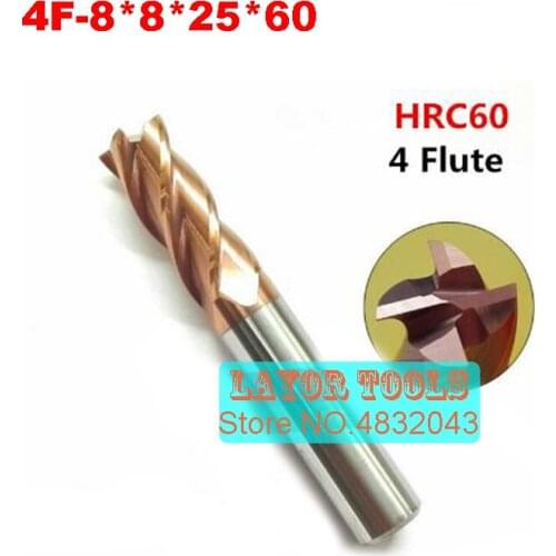 4f-8.0*8*25*60,hrc60,carbide End Mills,tungsten Carbide Square Flatted End Mill,4 Flute,coating:nano, Length