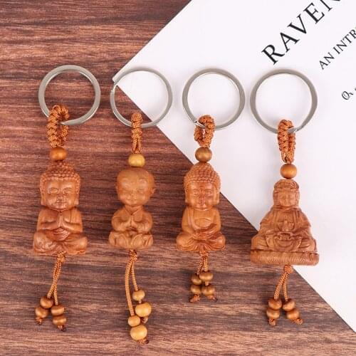 1Pc Mahogany Three-dimensional Engraving Key Chain Lifelike Buddha Pendant Keychain Diy Car Accessories