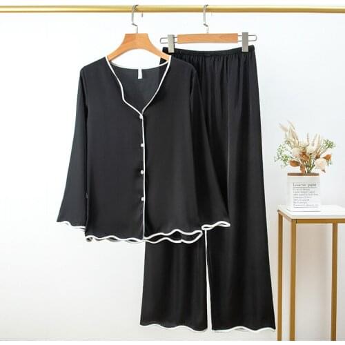 Black 2PCS V-Neck Pajamas Sets Spring New Womens Satin Pyjamas Long Sleeve Sleepwear Sleep Pants Suit Casual Home Wear Nightwear