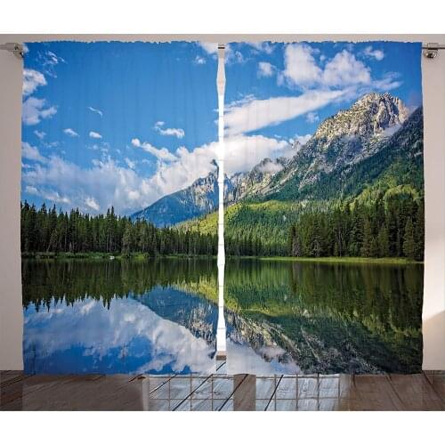 Lake House Decor Curtains 2 Panel Set Pure Mountain Lake Scenery with Trees and Cloudy Sky Nature Inspired Print Living Room Bed