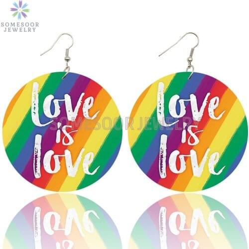 SOMESOOR Love Is Love Rainbow Color Printed Wooden Drop Earrings Wake Up Each Day Printed Wood Dangle Jewelry For Women Gifts