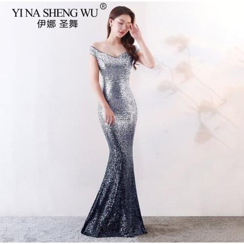 Mermaid Sequin Long Dress Sexy V-neck Off the Shoulder Gradient Color Evening Gown Dress Vestido Abiti Da Cerimonia Avondjurken