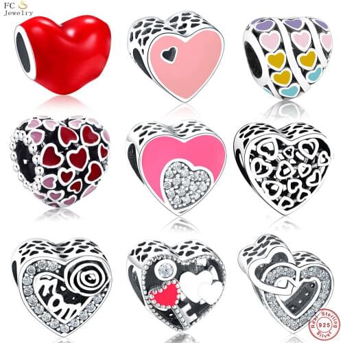 FC Jewelry Fit Original Brand Charms Bracelets Authentic 925 Silver Pink Enamel Love Heart CZ Stone Beads Making Berloque DIY