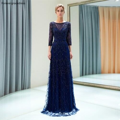 Forevergracedress Navy Blue Illusion Evening Dresses 2019 Beading With Long Sleeves Formal Party Gowns Plus Size Custom Made