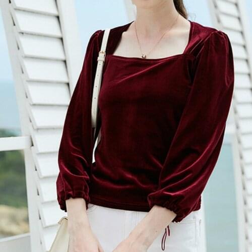 Vintage Long Puff Sleeve Neck Square Polyester T-Shirt Female Pleuche Solid Casual Tops S-XL 3 Color Women Autumn Winter Tshirts