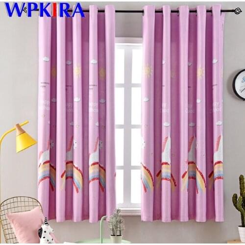 Cartoon Printed Rainbow Horse Short Curtain Kitchen Door Drapes Pink Blackout Curtain For Kids Girls Bedroom Blue Curtain PC006