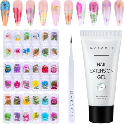 Makartt Nail Dried Flowers Nail Art with Clear Poly Nail Gel 50ML, 36 Colors Mini Real Dry Flowers Nail Tweezers for Inlay Nails