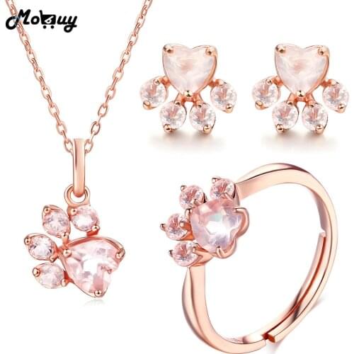 MoBuy Cute Bearfoot Natural Gemstone Pink Rose Quartz 100% 925 Sterling Silver 3pcs Jewelry Sets For Women Fine Jewelry V035-ENR