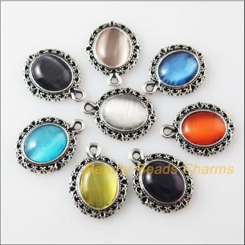 Fashion 8Pcs Mixed Retro Tibetan Silver Stone Oval Charms Pendants 13.5x18mm