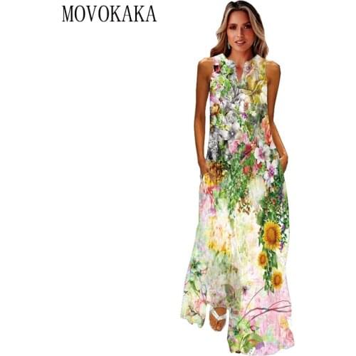 MOVOKAKA Fashion Holiday Beach Dress 2021 Casual Plus Size Long Dresses Summer Woman Sleeveless Girls Floral Print Vintage Dress