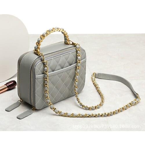 2021 New Box Bag Full Head Layer Cowhide Cosmetic Bag Rhombic Chain Single Shoulder Messenger Bag