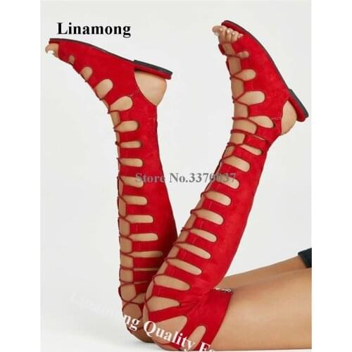 Linamong Sexy Slim Over Knee Flat Gladiator Sandal Boots Cut-out Red Suede Straps Cross Long Flat Sandals Club Dress Shoes