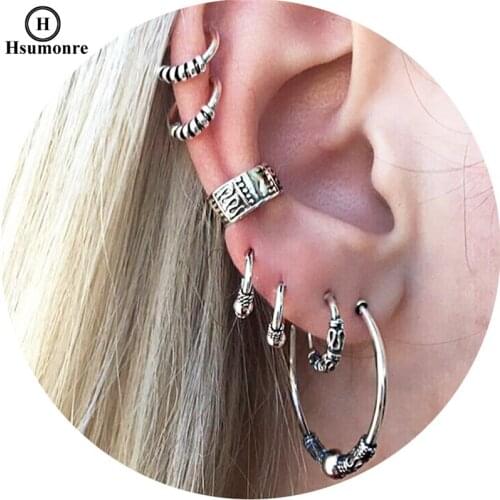 Retro Bohemian Earrings for Women Ancient Silver Plated Alloy Gift For Girlfriend Wife Band Midi Rings 7pc/set