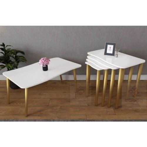 Modern Swan Series 4'lü Zigon Coffee table And Medium Coffee table Set/White-gold coffe table