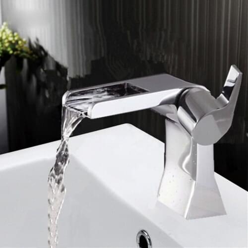 Bathroom Widespread Chrome Waterfall Brass Sink Faucet Cast Deck Mounted Single Lever Single Hole Basin Tap, Cold&Hot Mixer
