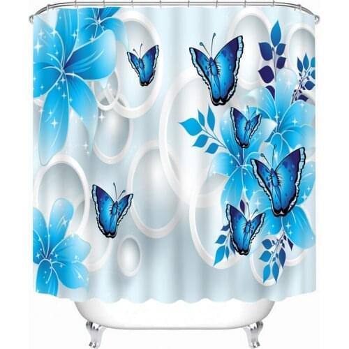 Shower Curtains 3D Circle Purple Flowers and Butterfly Pattern Bathroom Curtains Waterproof Thicken Bath Curtain Customizable