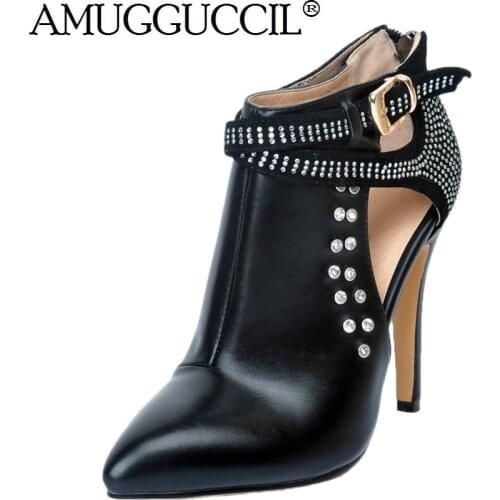 2021 New Plus Big Size 34-47 Black White Buckle Crystal Fashion Sexy High Heel Spring Autumn Lady Female Ankle Women Boots X1631