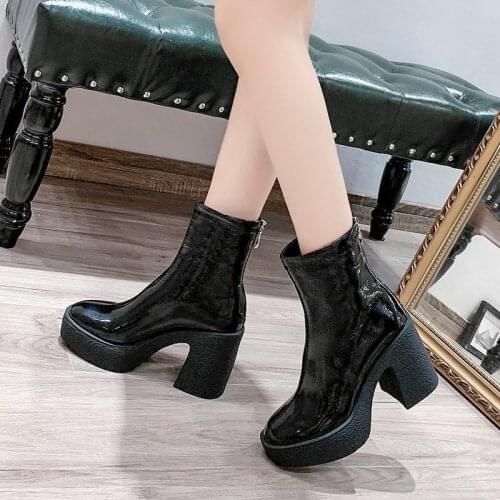 Women Boots Leather Square High Heel Mid-Calf Round Toe Winter Shoes Woman Warm Comfort Fashion Platform Zipper Boots Black