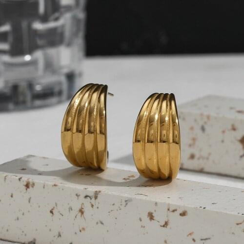 Free Shipping 2021 New High Polished Stainless Steel Gold Plated Texture Boat Stud Earrings Ladies Gold Earing Jewelry