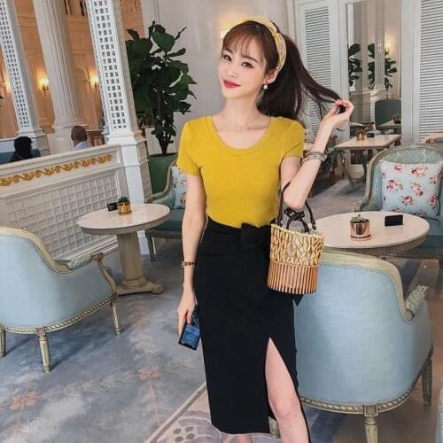 Summer Women Casual Two Piece Set Dress Short Sleeve O Neck Top & White Split Fork High Slit Long Skirt Set Female Outfits