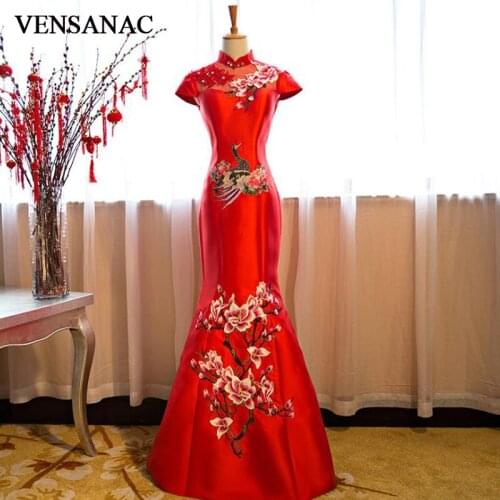 VENSANAC 2018 Vintage Crystal High Neck Pattern Embroidery Mermaid Long Evening Dresses Lace Short Sleeve Party Prom Gowns