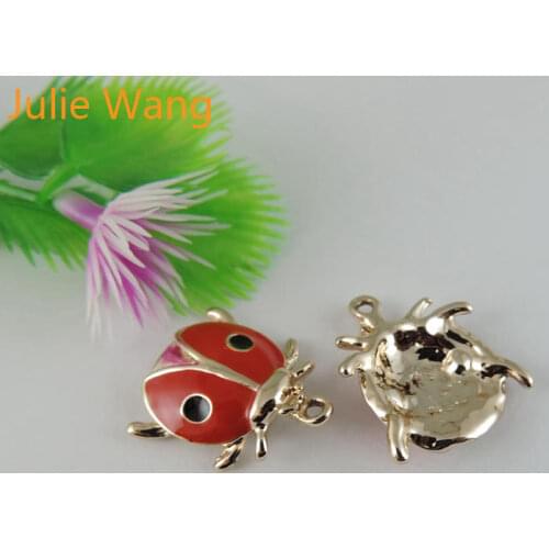 Julie Wang 2-12PCS Enamel Red Ladybugs Charms Gold Tone Alloy Insect Necklace Pendant Bracelet Earring Jewelry Making Accessory