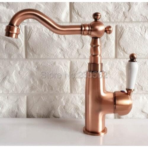 Antique Red Copper Swivel Spout Bathroom Sink Faucets Deck Mount Single Hole/Handle Wash Basin Mixer Taps Lnf409