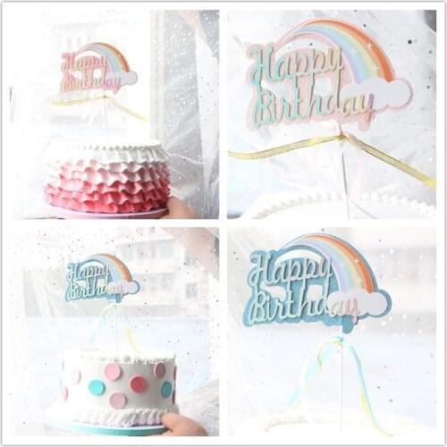 Glitter Pink Blue Biling Rainbow Cloud Unicorn "Happy Birthday" Cake Topper for Party Decoration Dessert lovely Gifts