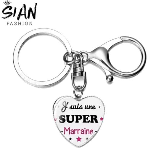 SIAN Super Marraine Super Papy Exquisite Keychain Mamie French Letter Cartoon Print Heart Shape Glass Gem Key Ring Grandpa Gifts