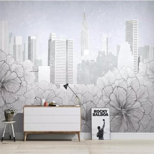 Decorative wallpaper Modern and simple style line painting of flowers city building TV background wall painting