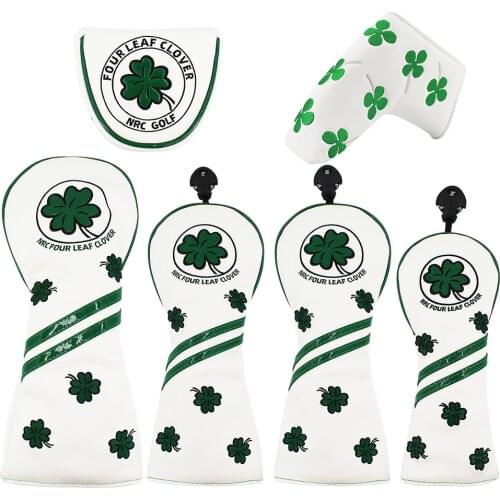 Golf Head Cover Four Leaf Clover Golf Wood Headcover for Driver Fairway Hybrid Putter PU Leather Waterproof Black White Covers