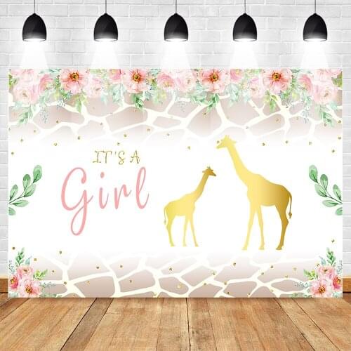 Mehofoto Its a Girl Baby Shower Backdrop for Photography Animal Gold Giraffe Flowers Newborn Background for Party Banner