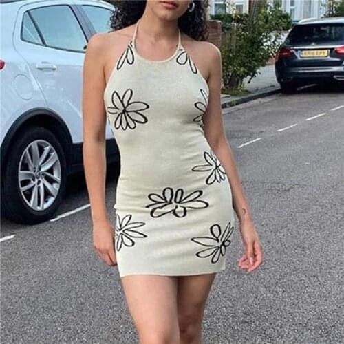 Fashion Women Sleeveless Backless Knit Bodycon Slim Halter Mini Dress Slim Fit Tie Up Flower Print Summer One-piece for Ladies