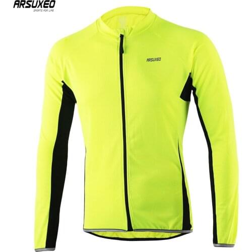ARSUXEO Men Cycling Jersey Long Sleeves Full Zipper MTB Bike Shirt Biking Bicycle Jerseys Soft Reflective Breathable Quick Dry