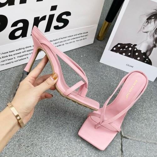 Summer New Fashion Apricot Women Mules High Heels Slippers Sandals Sexy Square Open-toed Heel High Quality Shoes Size 40