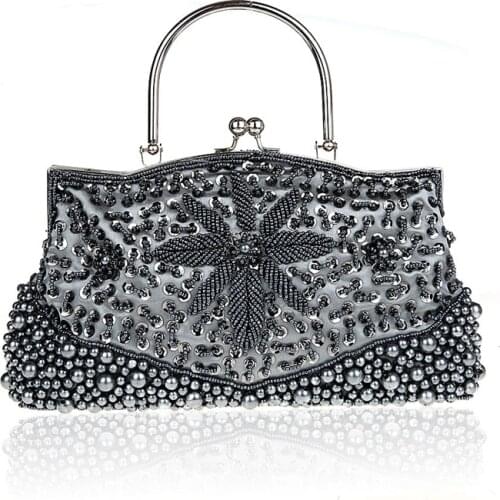 New Gray Chinese Womens Beaded Sequined Banquet Handbag Party Bridal Evening Bag Purse Makeup Bag Free Shipping 78189-C