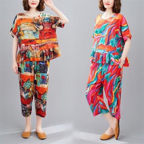 New 2 Piece Set Outfits for Middle-aged Women Loose Printed Top and Calf-length Pants Suits Plus Size 2021 Summer Tracksuit L526