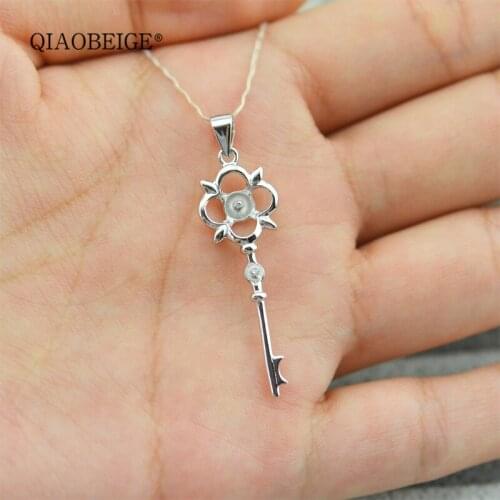 QIAOBEIGE lucky key design Pearl pendant necklace 925 Sliver Fashion Pearl mounting Jewelry For Women accessory festival gift