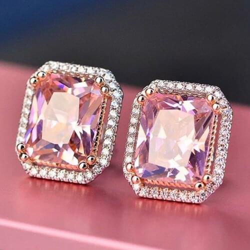 JK Fashion luxury Big Princess Square Pink CZ Stud Earrings Romantic Bridal Wedding Engagement Party Fashion Jewelry Earring
