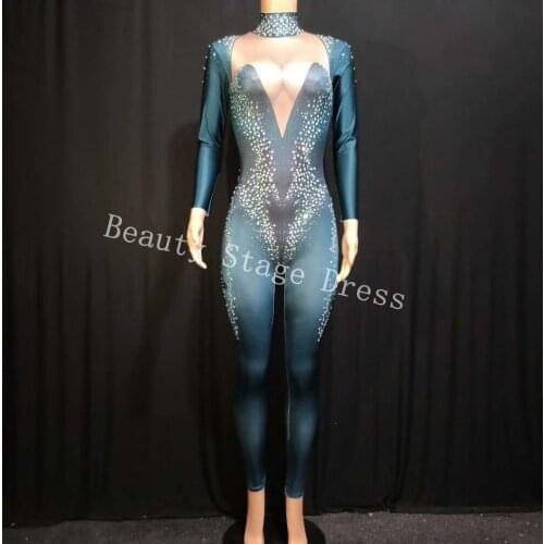 Blue Rhinestone Perspective Long sleeve Jumpsuit Evening Party Wear Bodysuit women Birthday Celebrate Costume Siamese Costume
