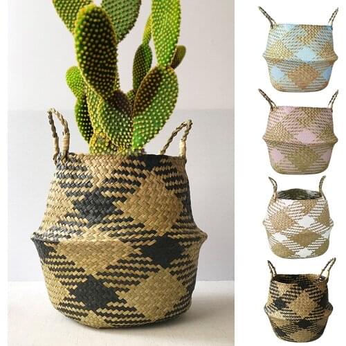 Folding Handmade Storage Basket Decorative Rattan Plant Flower Pot Woven Wicker Belly Laundry Basket Home Decors