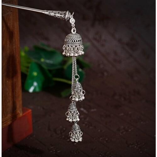 Vintage Silver Color Indian Bells Hairpin For Women Ethnic Pearl Tassel Pendant Hair Sticks Hair Jewelry