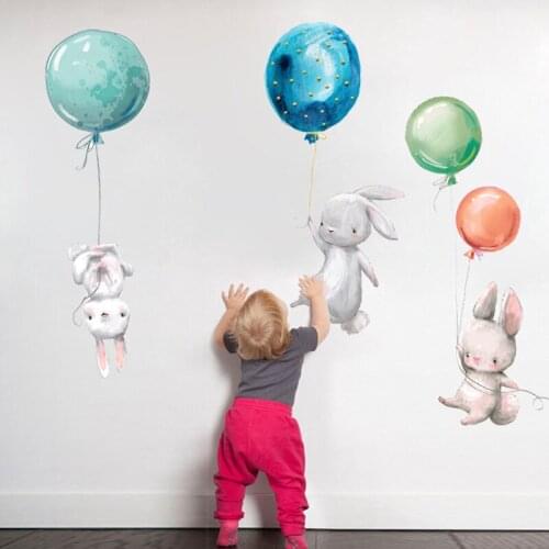 Balloon Rabbit Cartoon Wall Stickers for Baby Room Door Decoration Stickers Child Room Decor Waterproof Vinyl Wall Decal Kawaii