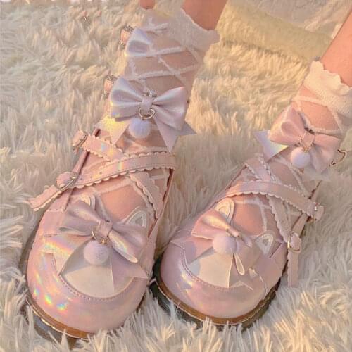 Japanese sweet lolita shoes vintage round head flat platform women shoes lace bowknot cross bandage kawaii shoes loli cosplay