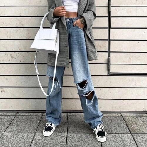 Women Fashion Hole Jeans 2021 Sexy Baggy Denim Pants High Waist Loose Wide Leg Pants Harajuku Casual Straight Trouser Streetwear