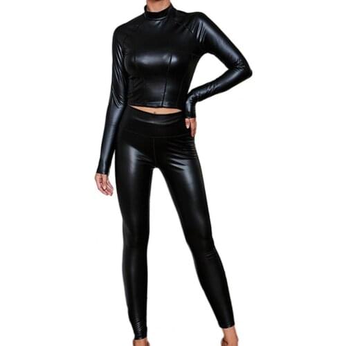 Pants sets Women Sexy Exposed Navel Black Blouse Pants Faux Leather Pullover High Collar Top High Waist Pant Suits Womens
