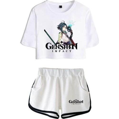 2021 Hot Game Genshin Impact Print Two Piece Set Women Girl Shorts + Crop Top Hip Hop Streetwear Hot Tracksuits Pullovers